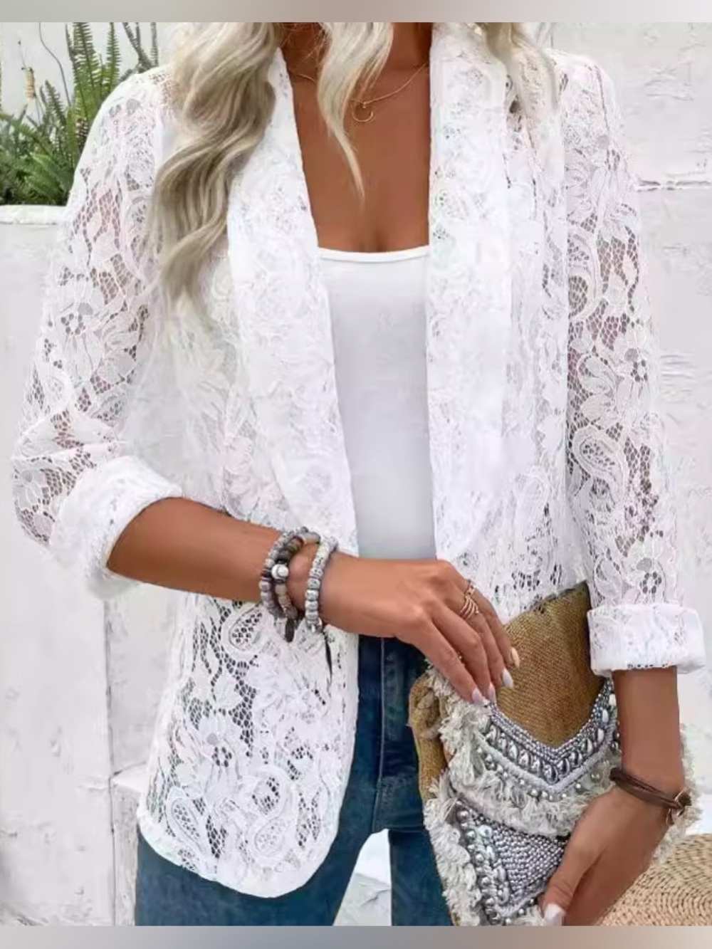 White Lace Blazer Jacket - Feminine Open Front S/M